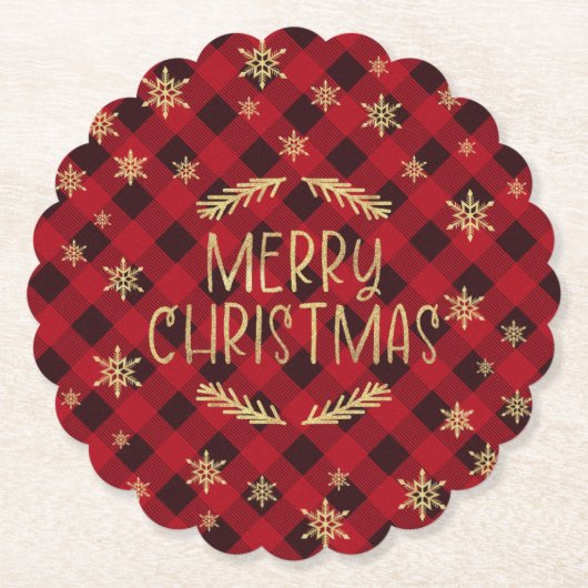 Red Buffalo Pset Gold Snowflake Merry kerst Kartonnen Onderzetters (Voorkant)