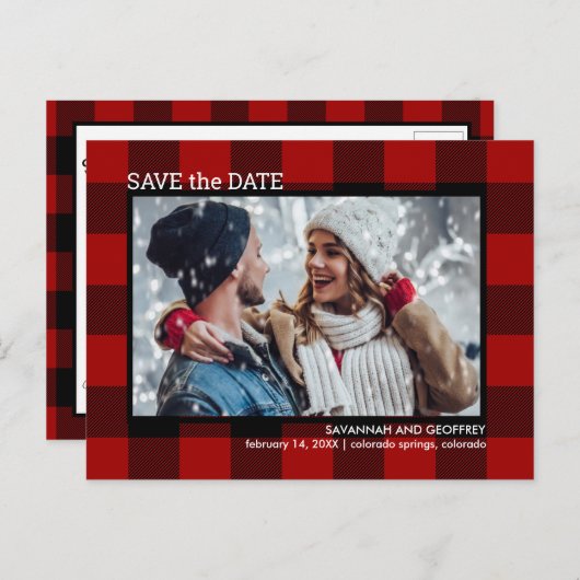 Red Buffalo Pset Photo Wedding Save the Date Aankondigingskaart (Voorkant / Achterkant)