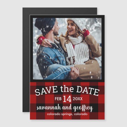 Red Buffalo Pset Photo Wedding Save the Date Magnetische Uitnodiging (Voorkant / Achterkant)
