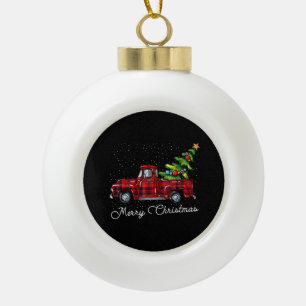 Red Buffalo Pset Pickup Truck met Boom Merry Chr Keramische Bal Ornament