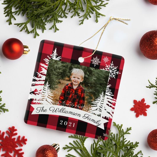 Red Buffalo Pset Rustic Pine Trees Familie Foto Keramisch Ornament