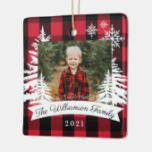 Red Buffalo Pset Rustic Pine Trees Familie Foto Keramisch Ornament (Links)