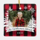 Red Buffalo Pset Rustic Pine Trees Familie Foto Keramisch Ornament (Voorkant)