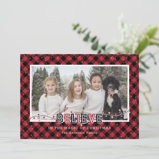 Red Buffalo Pset Snow Believe Photo Holiday Card Feestdagenkaart (Staand voorkant)