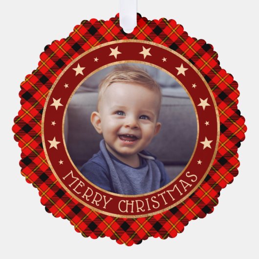 Red Buffalo Pset & Stars Merry Kerstmis Aangepast Ornament Kaart (Voorkant)