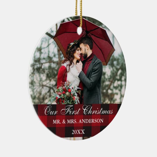 Red Buffalo Pset Weddenschap ons eerste kerstfeest Keramisch Ornament (Rechts)