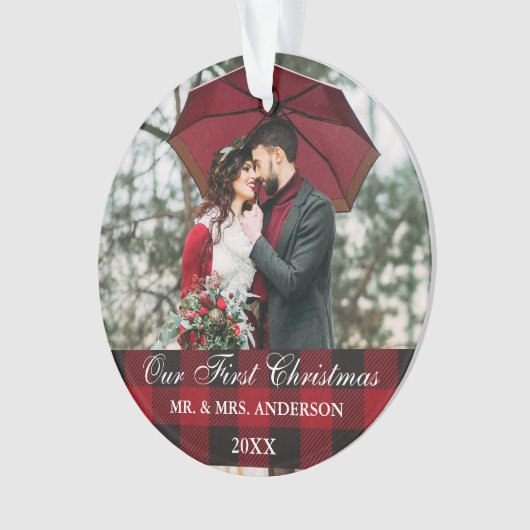 Red Buffalo Pset Weddenschap ons eerste kerstfeest Ornament (voorkant)