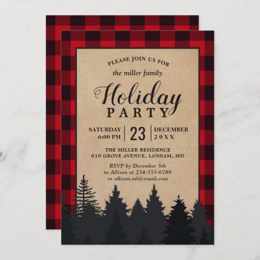 Red Buffalo Pset Winter Forest Holiday Party Kaart (Voorkant / Achterkant)