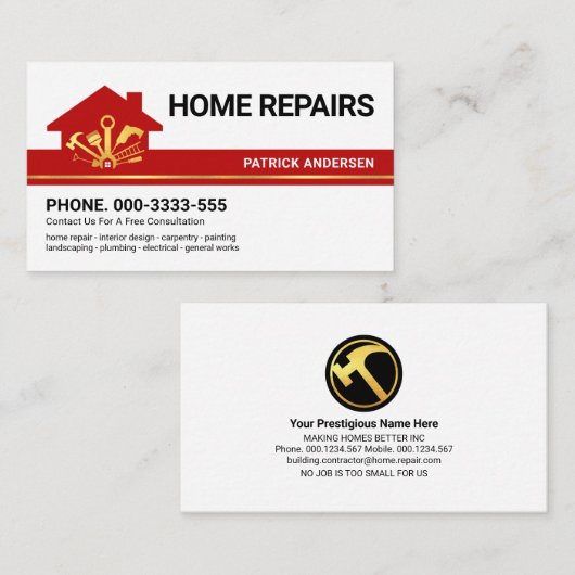 Red Building Border Gold Handyman Tools Visitekaartje (Voorkant / Achterkant)