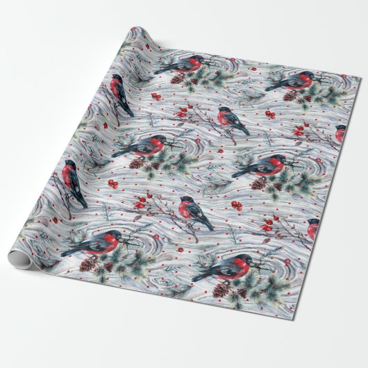 Red Bullfinch en kerstfeestpatroon Cadeaupapier (Uitgerold)