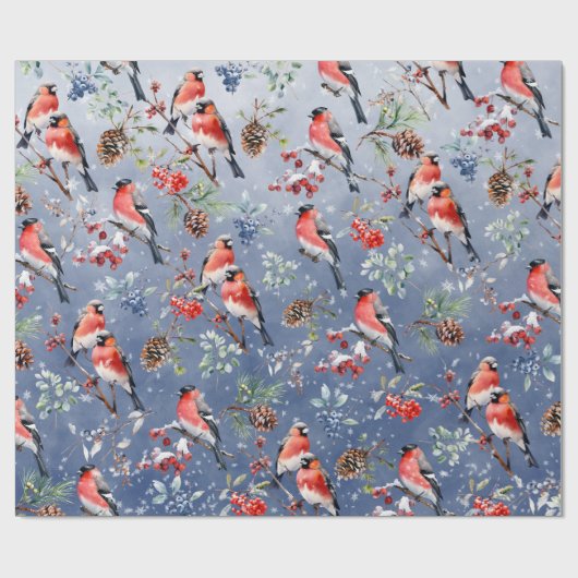 Red Bullfinch Kerstvogels Bessen & dennenappels Cadeaupapier (Vlak)