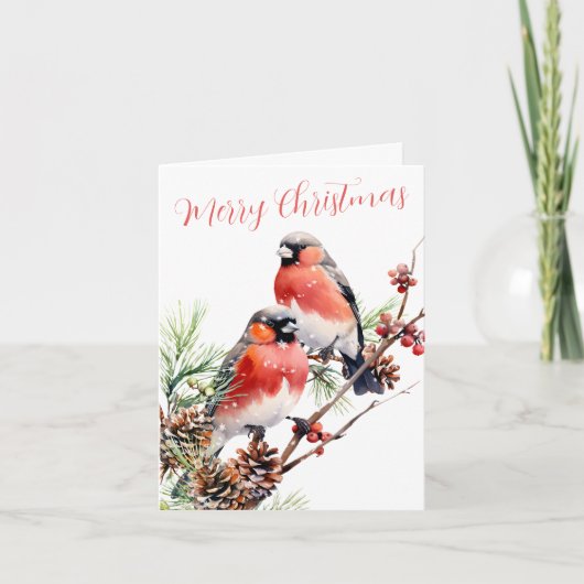 Red Bullfinch Kerstvogels Bessen & dennenappels Feestdagen Kaart (Voorkant)
