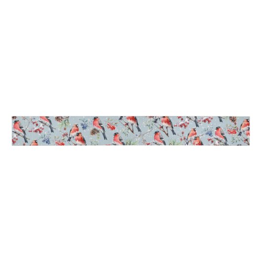 Red Bullfinch Kerstvogels Bessen & dennenappels Grosgrain Lint (Voorkant)