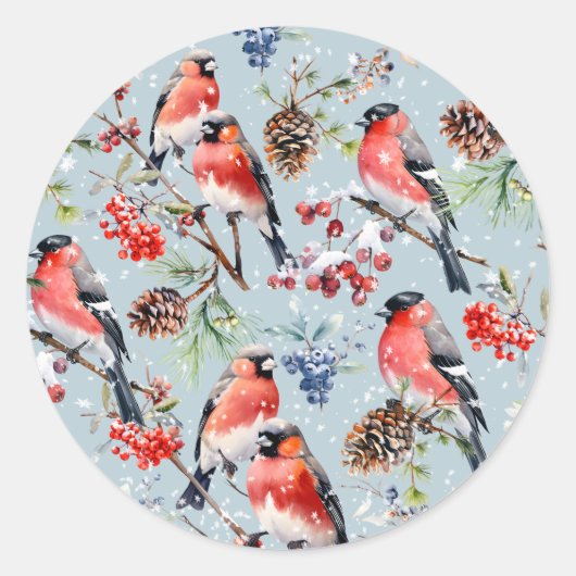 Red Bullfinch Kerstvogels Bessen & dennenappels Ronde Sticker (Voorkant)