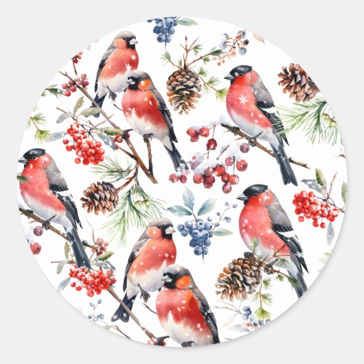 Red Bullfinch Kerstvogels Bessen & dennenappels Ronde Sticker (Voorkant)