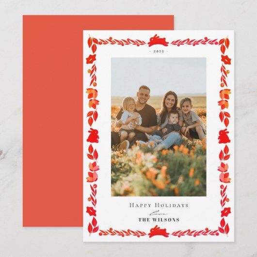 Red Bunny Folk Art kerstfeestdag fotokaart Kaart (Voorkant / Achterkant)