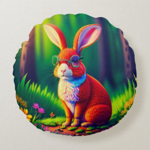Red Bunny Zittend op gras Rond Kussen