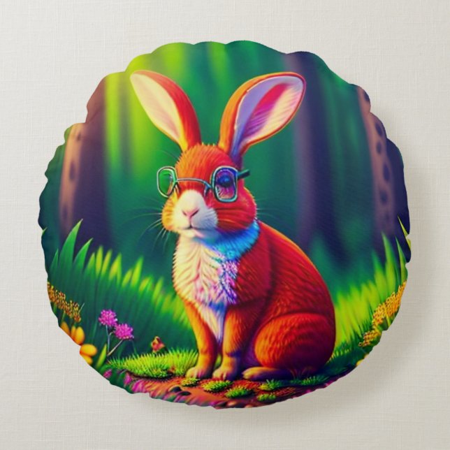 Red Bunny Zittend op gras Rond Kussen (Voorkant)