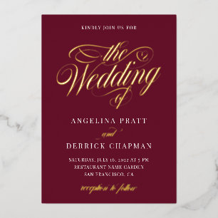 Red Burgundy All in One Elegant Calligraphy Gold Folie Uitnodiging