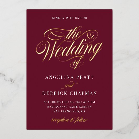 Red Burgundy All in One Elegant Calligraphy Gold Folie Uitnodiging (Voorkant)