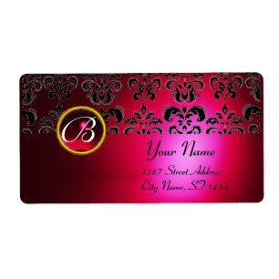 RED BURGUNDY BLACK DAMASK MONOGRAM, RUBY ETIKET