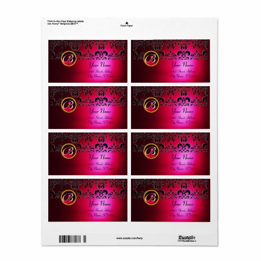 RED BURGUNDY BLACK DAMASK MONOGRAM, RUBY ETIKET (Full Sheet)