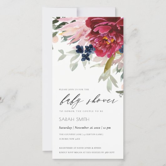 Red Burgundy Blush Blue Floral Baby shower Invite Bedankkaart (Voorkant)