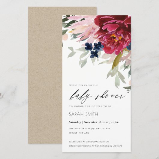 Red Burgundy Blush Blue Floral Baby shower Invite Bedankkaart (Voorkant / Achterkant)