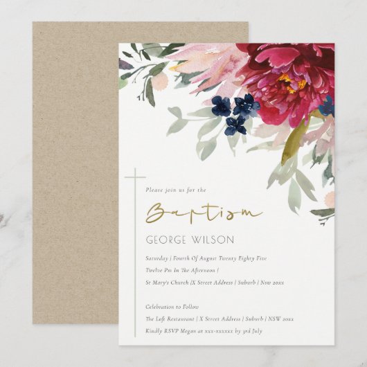 Red Burgundy Blush Blue Floral Baptism Invite Bedankkaart (Voorkant / Achterkant)