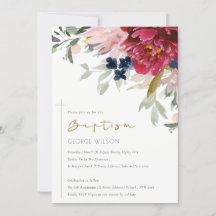 Red Burgundy Blush Blue Floral Baptism Invite