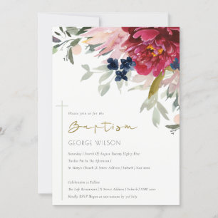 Red Burgundy Blush Blue Floral Baptism Invite Bedankkaart