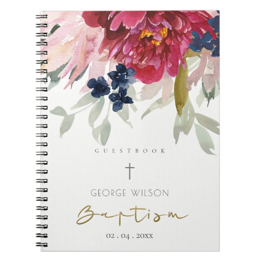 Red Burgundy Blush Blue Floral Baptisme Guestbook Notitieboek (Voorkant)
