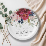 Red Burgundy Blush Blue Floral Vrijgezellenfeest Papieren Bordje<br><div class="desc">Neem contact met mij op via yellowfebstudio@gmail.com voor meer aanpassingen of andere overeenkomende objecten.</div>