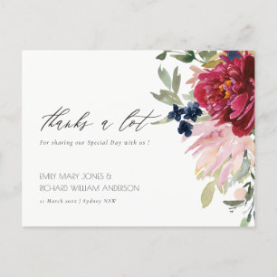 Red Burgundy Blush Blue Floral Weddenschap Bedankt Briefkaart