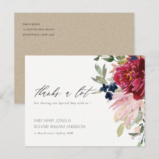 Red Burgundy Blush Blue Floral Weddenschap Bedankt Briefkaart (Voorkant / Achterkant)