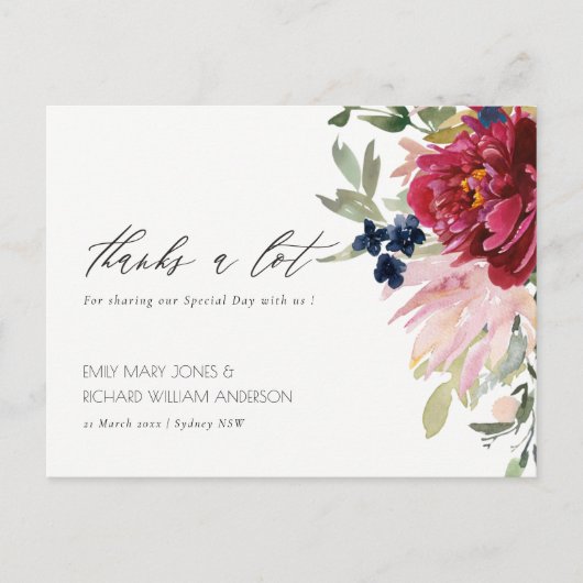 Red Burgundy Blush Blue Floral Weddenschap Bedankt Briefkaart (Voorkant)