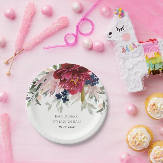 Red Burgundy Blush Blue Floral Wedding Bunch Papieren Bordje (Feest)