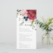 Red Burgundy Blush Blue Floral Wedding Menu Kaart (Staand voorkant)