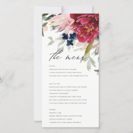 Red Burgundy Blush Blue Floral Wedding Menu Kaart