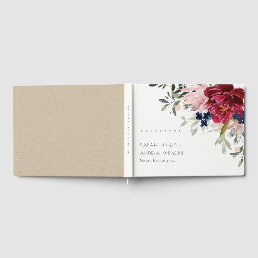 Red Burgundy Blush Blue Peony Floral Bunch Wedding Gastenboek (Volledig)