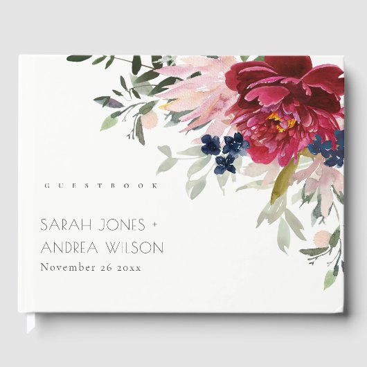 Red Burgundy Blush Blue Peony Floral Bunch Wedding Gastenboek (Voorkant)