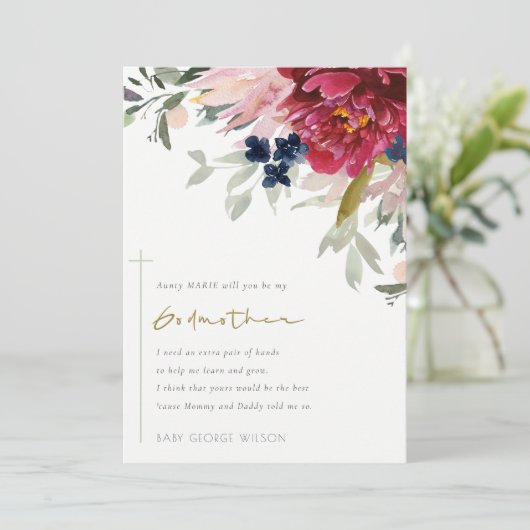 Red Burgundy Blush Flora Godmoeder Voorstel uitnod Bedankkaart (Staand voorkant)