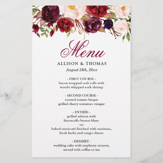 Red Burgundy Blush Floral Chic Weddenrenmenu (Voorkant)