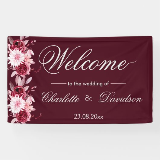 Red Burgundy Blush Pink Waterverf Welkom bruiloft Spandoek (Horizontaal)