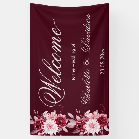 Red Burgundy Blush Pink Waterverf Welkom bruiloft Spandoek (Verticaal)