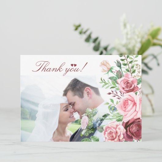 Red Burgundy Blush Roses PHOTO Weddenschap Bedankkaart (Staand voorkant)
