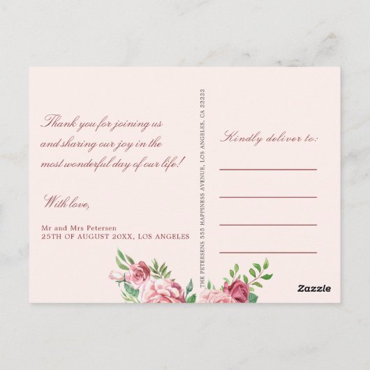 Red Burgundy Blush Roses PHOTO Weddenschap Briefkaart (Achterkant)