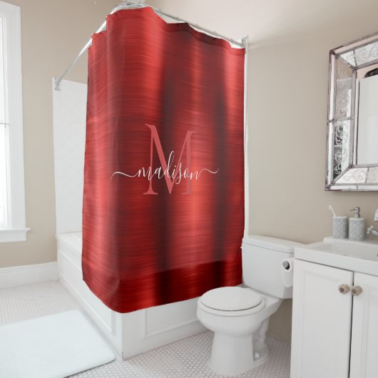 Red Burgundy Brushed Metal Monogram Girly Script Douchegordijn (In situ)