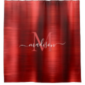 Red Burgundy Brushed Metal Monogram Girly Script Douchegordijn (Voorkant)