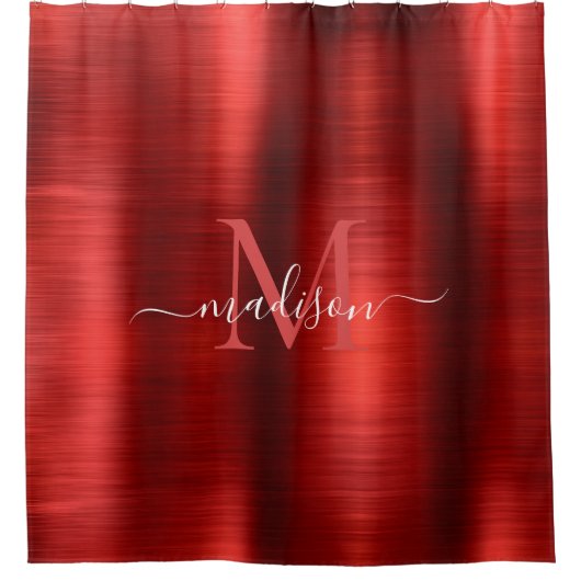 Red Burgundy Brushed Metal Monogram Girly Script Douchegordijn (Voorkant)